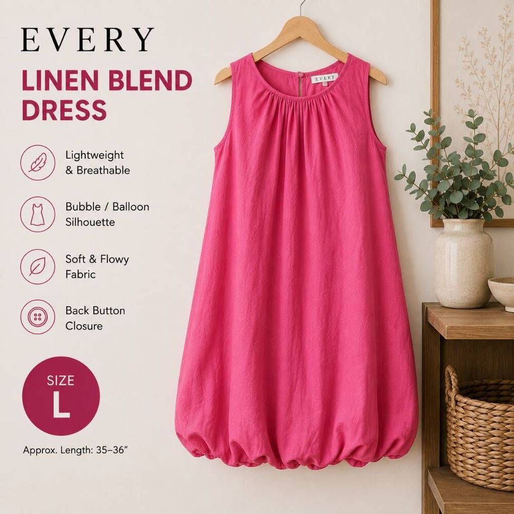 EVery Women’s L Fuchsia Pink Linen Blend Sleeveless Shift Dress NWT